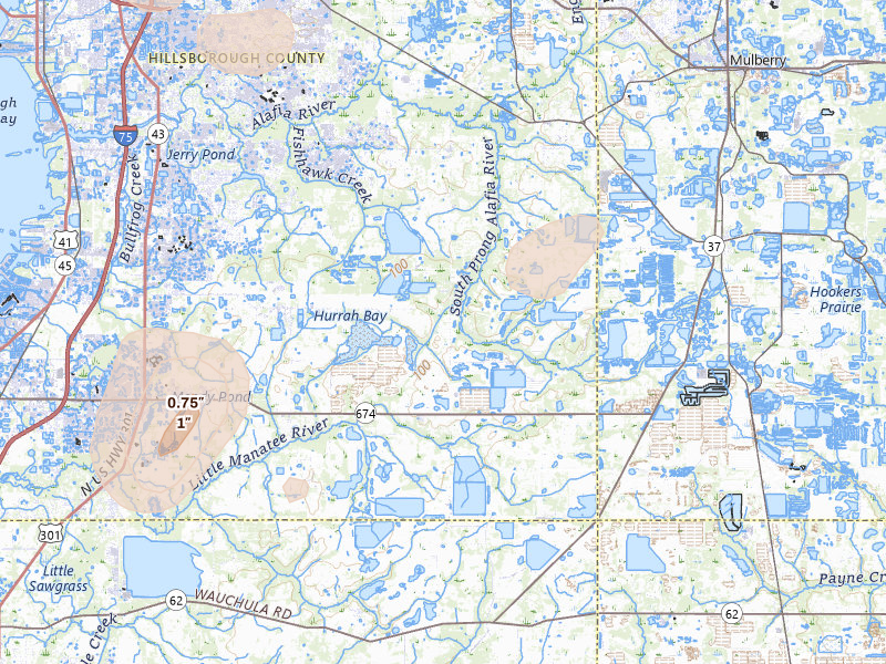 Radar-estimated hail-size map of the storm over Lithia, FL on Jun 30, 2026