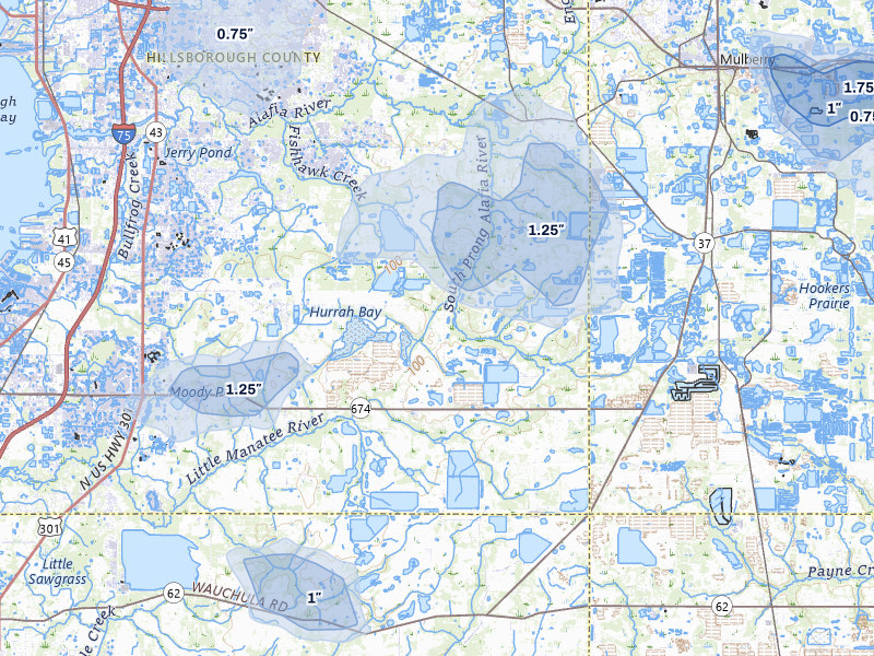NEXRAD radar-signature map of the hail storm over Lithia, FL on Jun 30, 2026