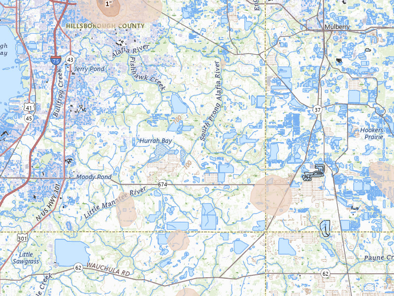 Radar-estimated hail-size map of the storm over Lithia, FL on Jul 10, 2026
