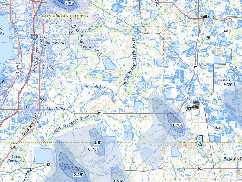 NEXRAD radar-signature map of the hail storm over Lithia, FL on Jul 10, 2026