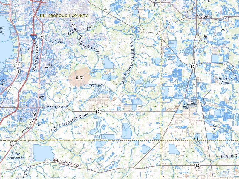 Radar-estimated hail-size map of the storm over Lithia, FL on Jul 11, 2026