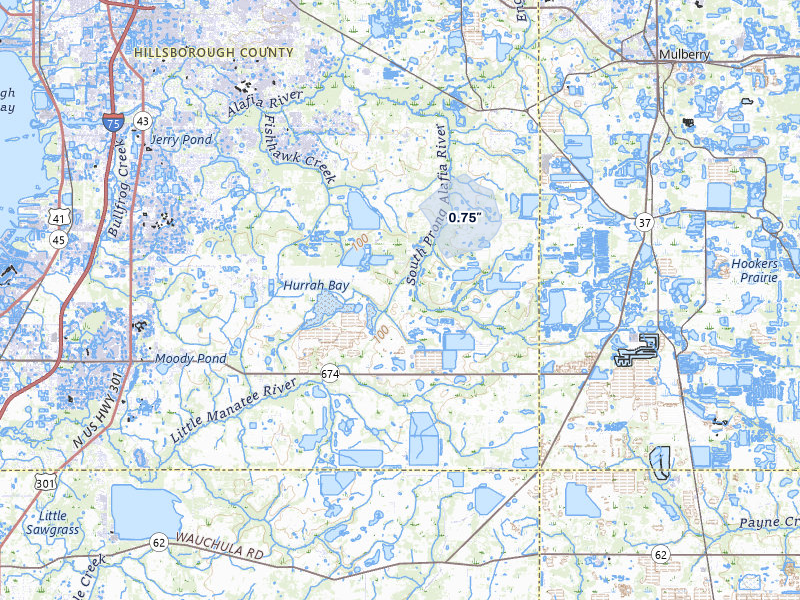 NEXRAD radar-signature map of the hail storm over Lithia, FL on Jul 22, 2026