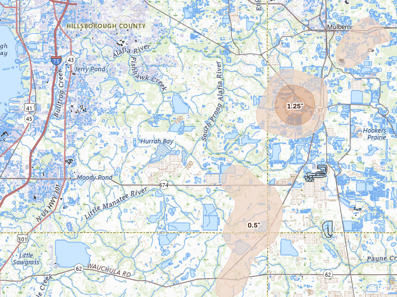 Radar-estimated hail-size map of the storm over Lithia, FL on Jul 25, 2026
