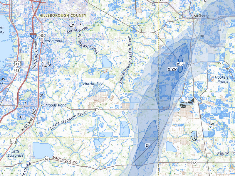 NEXRAD radar-signature map of the hail storm over Lithia, FL on Jul 25, 2026