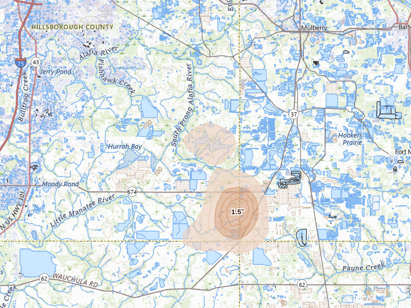 Radar-estimated hail-size map of the storm over Lithia, FL on Aug 14, 2026