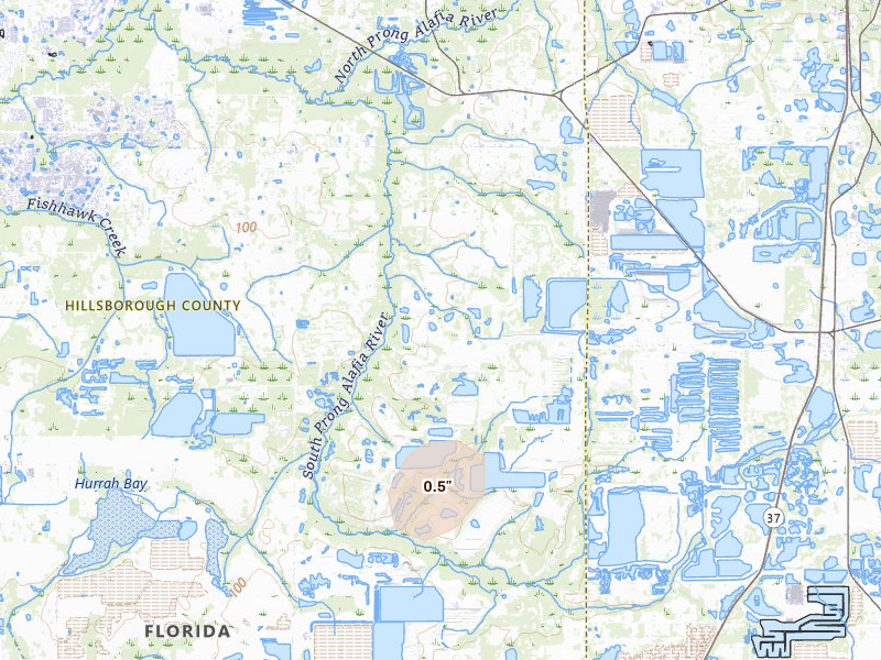 Radar-estimated hail-size map of the storm over Lithia, FL on Aug 31, 2026
