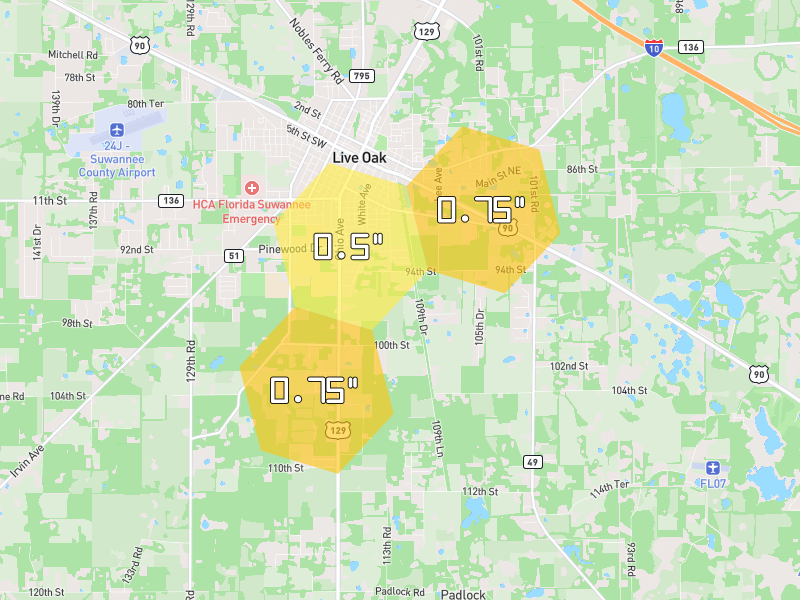 Hail map of Live Oak, FL on Jun 30, 2026, hail up to 0.75"
