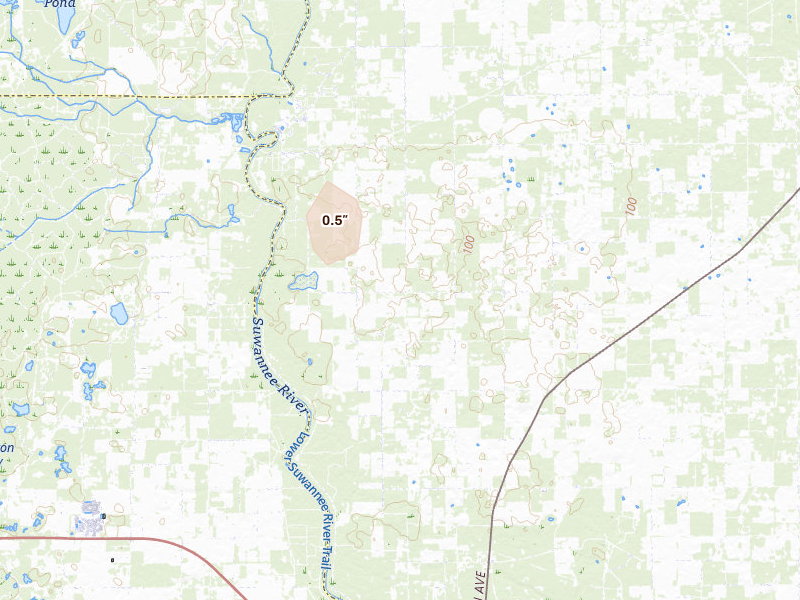 Radar-estimated hail-size map of the storm over Live Oak, FL on Jul 11, 2026