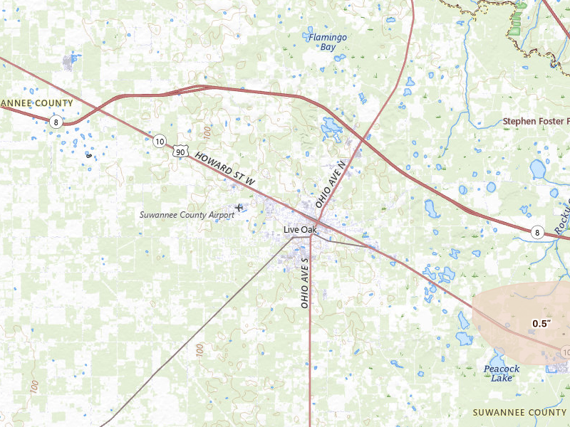 Radar-estimated hail-size map of the storm over Live Oak, FL on Jul 17, 2026