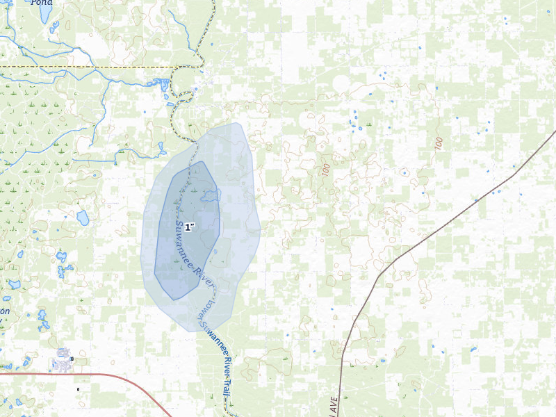 NEXRAD radar-signature map of the hail storm over Live Oak, FL on Jul 27, 2026