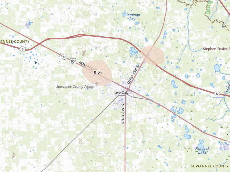 Radar-estimated hail-size map of the storm over Live Oak, FL on Jul 29, 2026