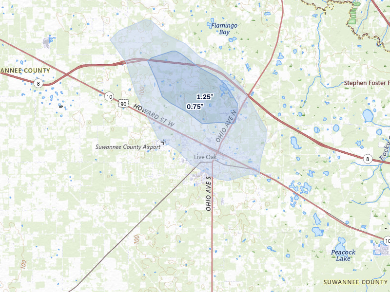 NEXRAD radar-signature map of the hail storm over Live Oak, FL on Jul 29, 2026
