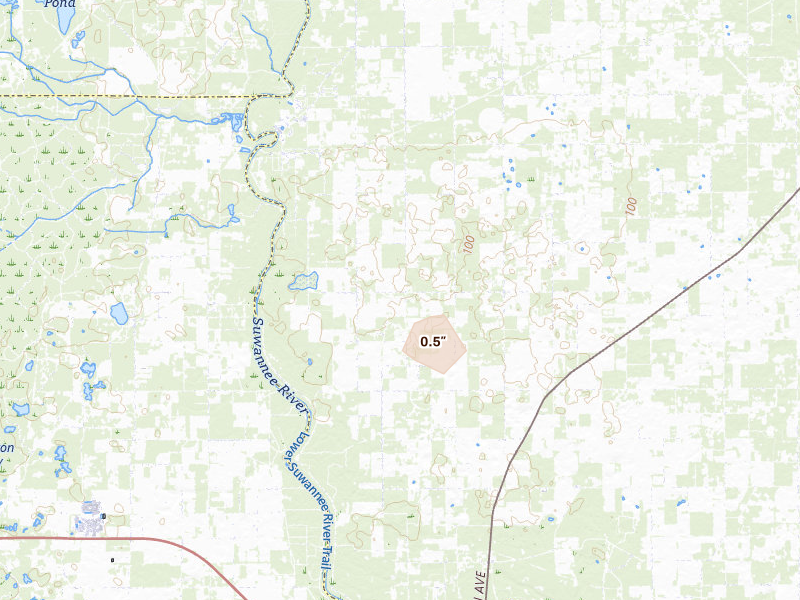 Radar-estimated hail-size map of the storm over Live Oak, FL on Aug 14, 2026