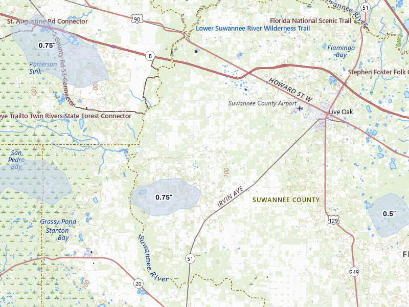 NEXRAD radar-signature map of the hail storm over Live Oak, FL on Aug 14, 2026