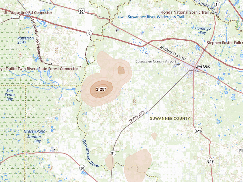 Radar-estimated hail-size map of the storm over Live Oak, FL on Aug 20, 2026