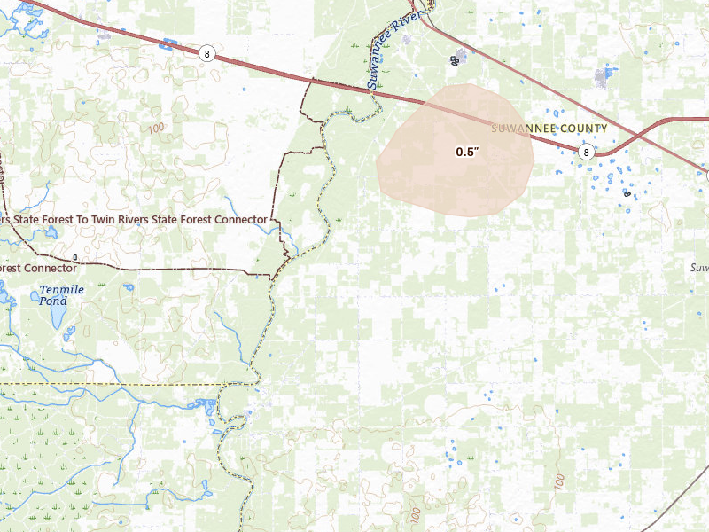 Radar-estimated hail-size map of the storm over Live Oak, FL on Aug 24, 2026