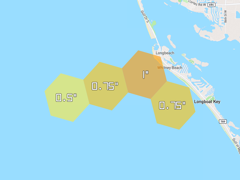 Hail map of Longboat Key, FL on Jul 24, 2026, hail up to 1"