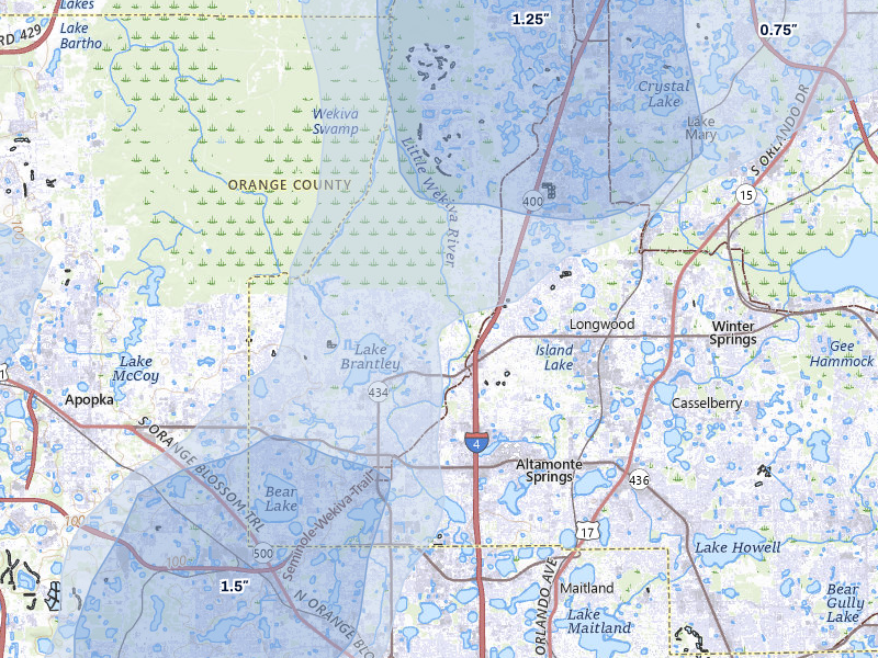 NEXRAD radar-signature map of the hail over Longwood, FL