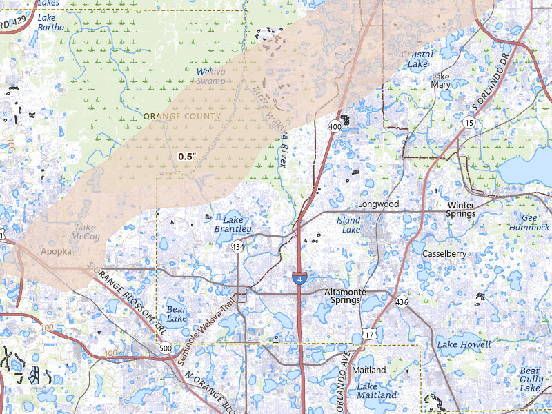 Radar-estimated hail-size map of the storm over Longwood, FL on Mar 16, 2026