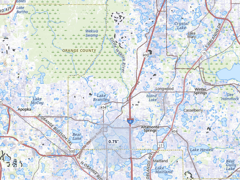 NEXRAD radar-signature map of the hail over Longwood, FL
