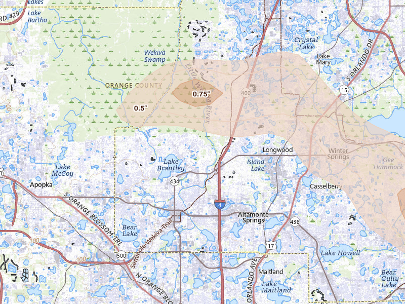 Radar-estimated hail-size map of the storm over Longwood, FL on May 12, 2026