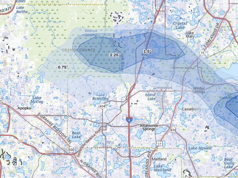 NEXRAD radar-signature map of the hail over Longwood, FL