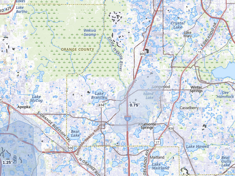 NEXRAD radar-signature map of the hail over Longwood, FL