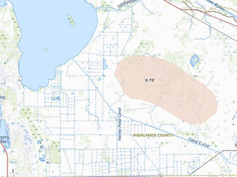 Radar-estimated hail-size map of the storm over Lorida, FL on Jun 2, 2026
