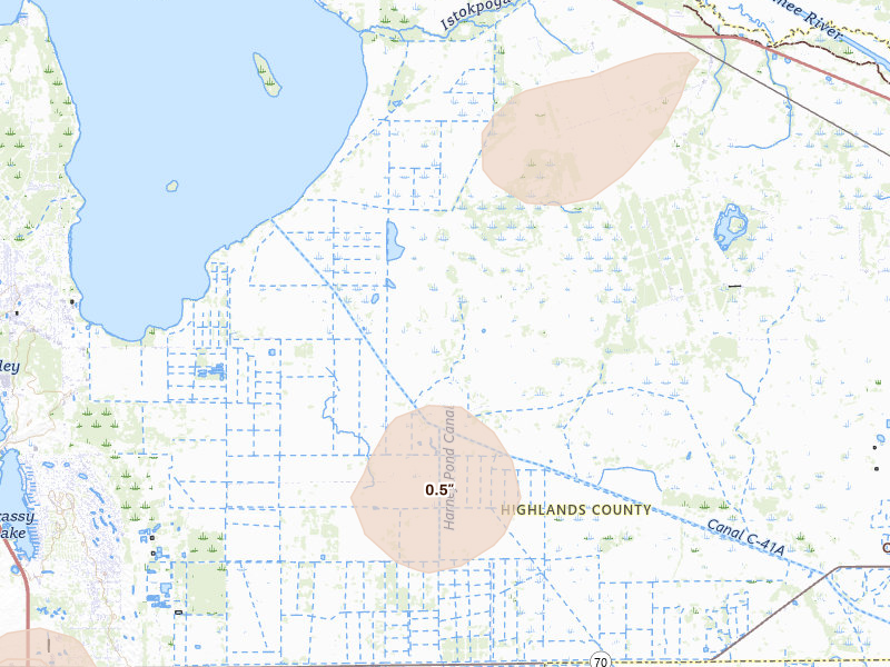 Radar-estimated hail-size map of the storm over Lorida, FL on Jun 14, 2026