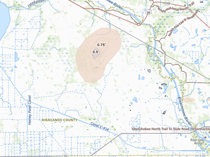Radar-estimated hail-size map of the storm over Lorida, FL on Jul 13, 2026