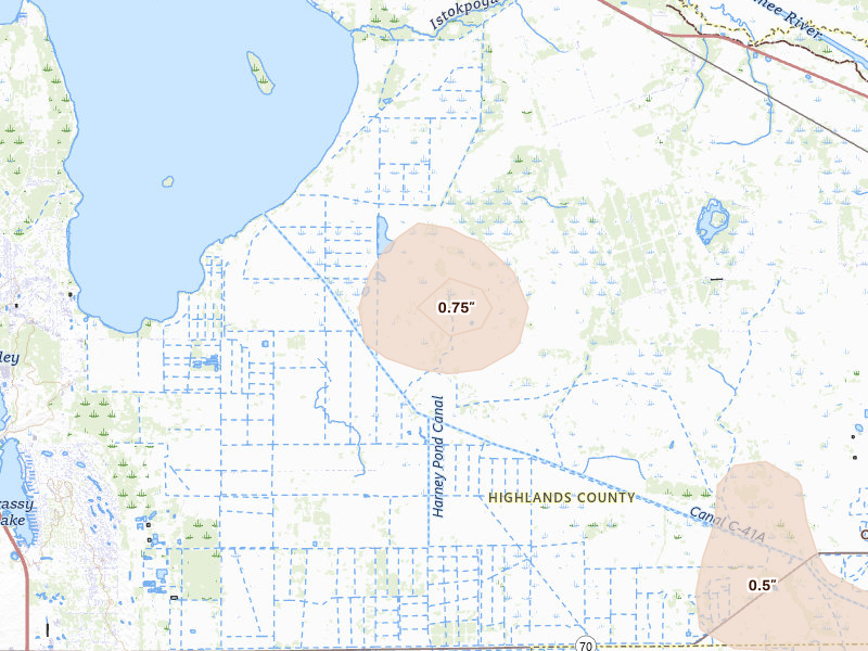 Radar-estimated hail-size map of the storm over Lorida, FL on Aug 29, 2026