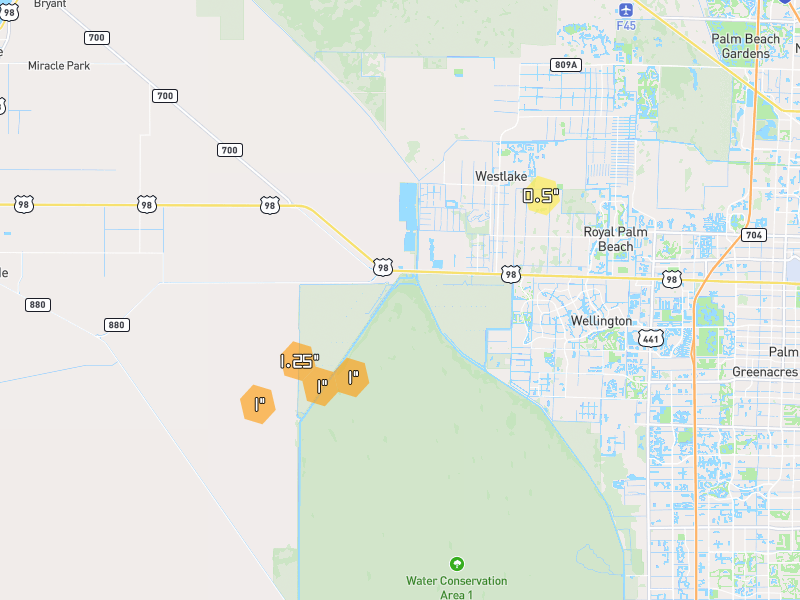 Hail map of Loxahatchee, FL on Jun 1, 2026, hail up to 1.25"
