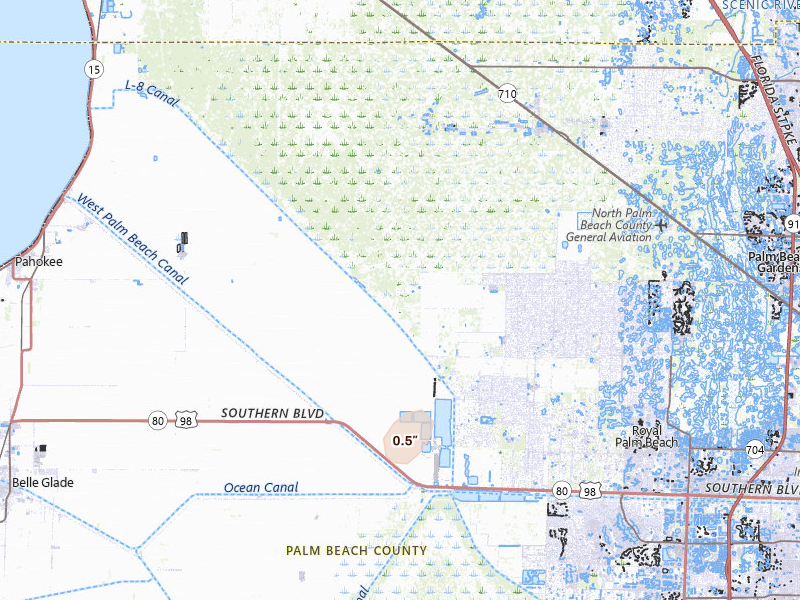 Radar-estimated hail-size map of the storm over Loxahatchee, FL on Jun 29, 2026