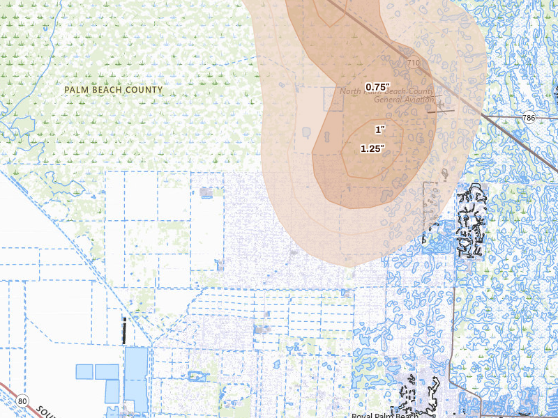 Radar-estimated hail-size map of the storm over Loxahatchee, FL on Jul 12, 2026