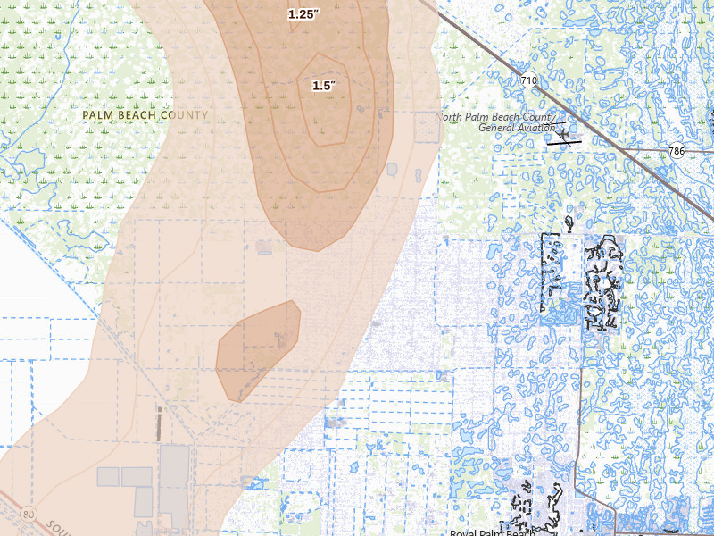 Radar-estimated hail-size map of the storm over Loxahatchee, FL on Jul 17, 2026