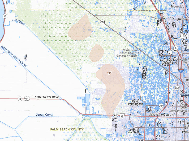 Radar-estimated hail-size map of the storm over Loxahatchee, FL on Aug 13, 2026