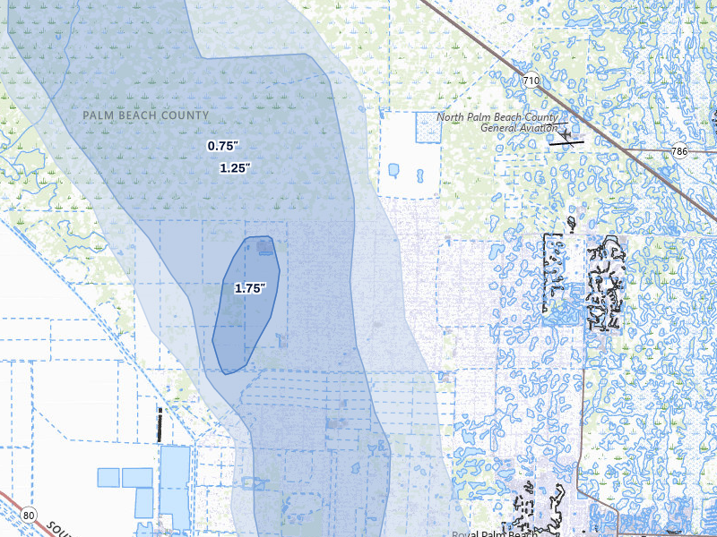 NEXRAD radar-signature map of the hail storm over Loxahatchee, FL on Aug 13, 2026