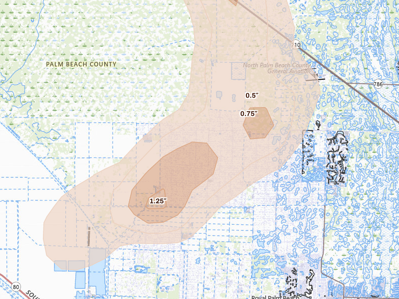 Radar-estimated hail-size map of the storm over Loxahatchee, FL on Aug 20, 2026