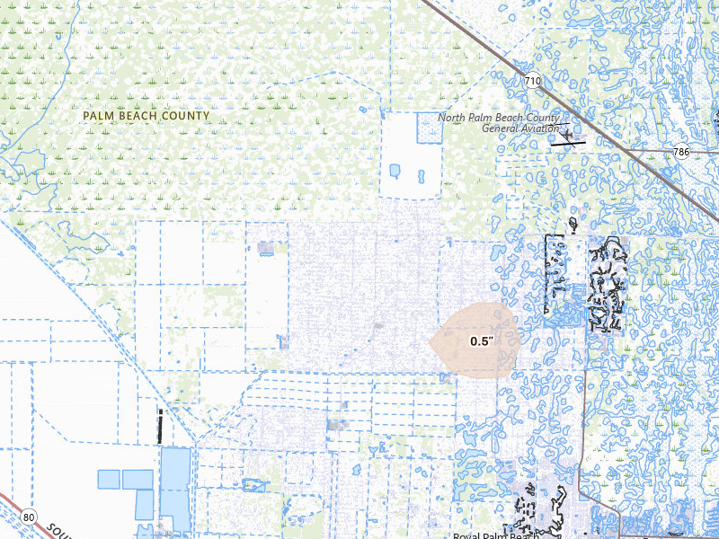Radar-estimated hail-size map of the storm over Loxahatchee, FL on Aug 26, 2026