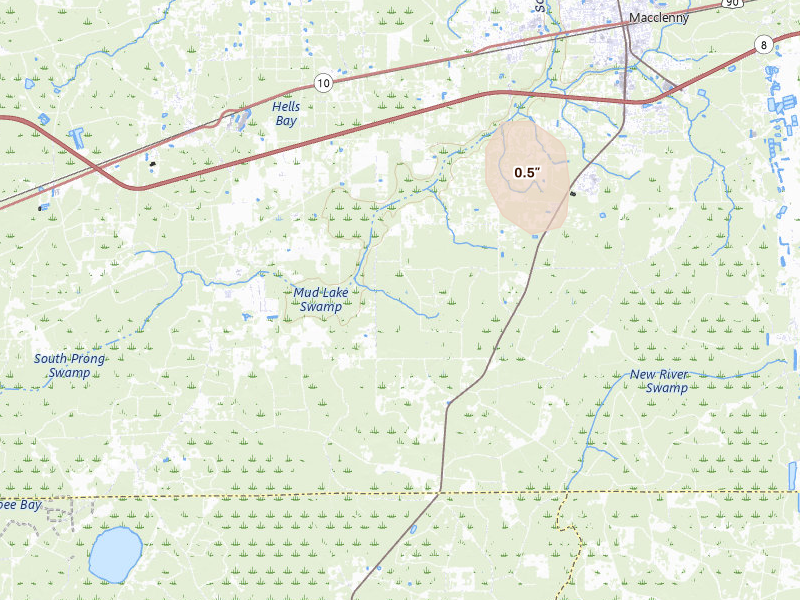 Radar-estimated hail-size map of the storm over Macclenny, FL on Jul 19, 2026