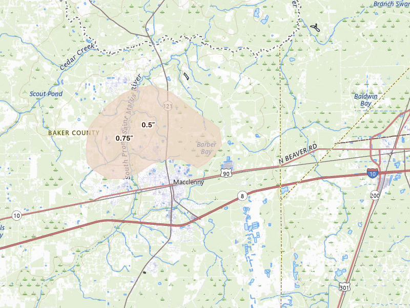 Radar-estimated hail-size map of the storm over Macclenny, FL on Aug 24, 2026