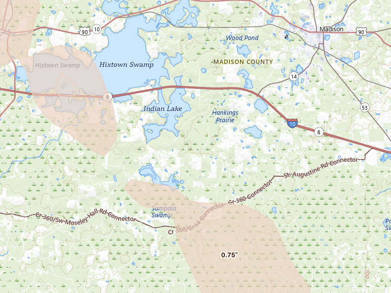 Radar-estimated hail-size map of the storm over Madison, FL on May 17, 2026