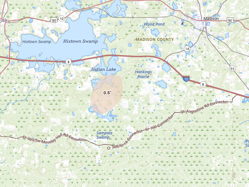 Radar-estimated hail-size map of the storm over Madison, FL on May 21, 2026