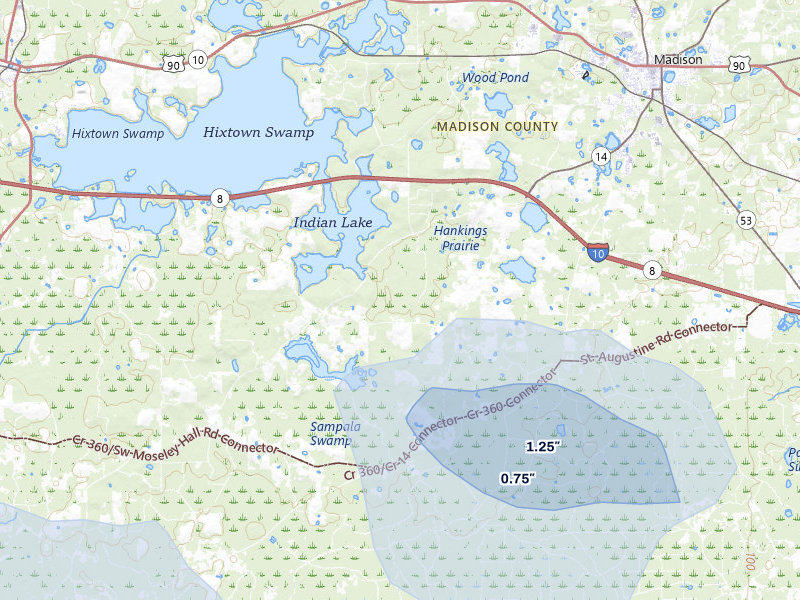 NEXRAD radar-signature map of the hail storm over Madison, FL on Jul 29, 2026