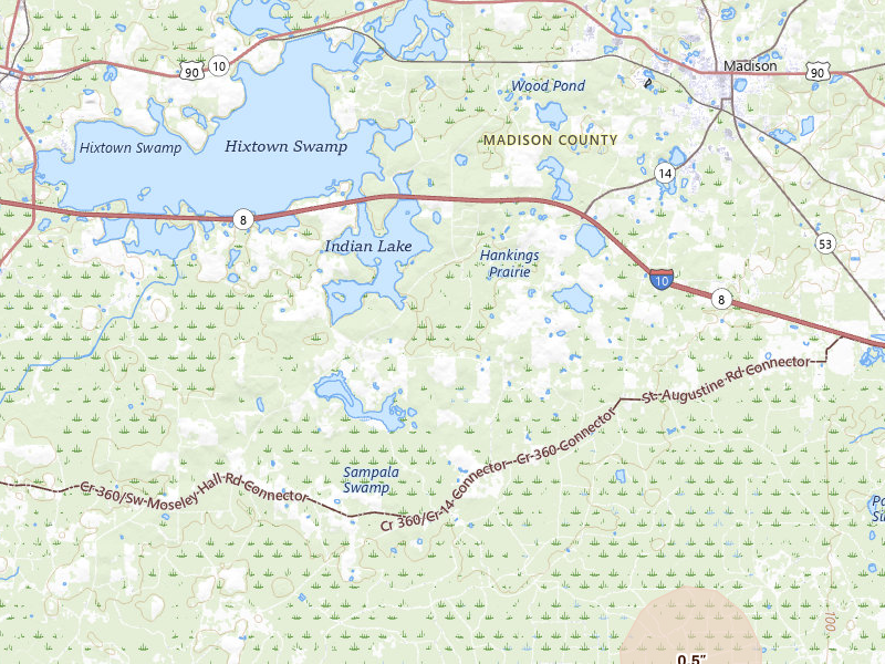 Radar-estimated hail-size map of the storm over Madison, FL on Jul 30, 2026