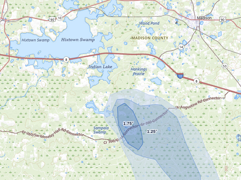 NEXRAD radar-signature map of the hail storm over Madison, FL on Jul 30, 2026