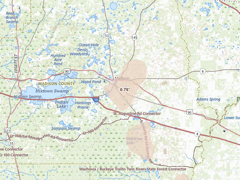 Radar-estimated hail-size map of the storm over Madison, FL on Aug 19, 2026