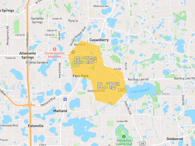 Hail map of Maitland, FL on Jun 29, 2026, hail up to 0.75"
