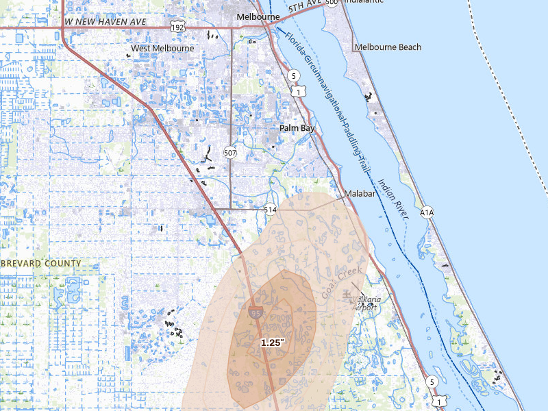 Radar-estimated hail-size map of the storm over Malabar, FL on Mar 15, 2026