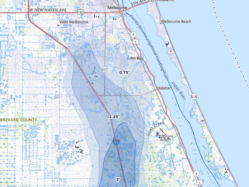 NEXRAD radar-signature map of the hail storm over Malabar, FL on Mar 15, 2026
